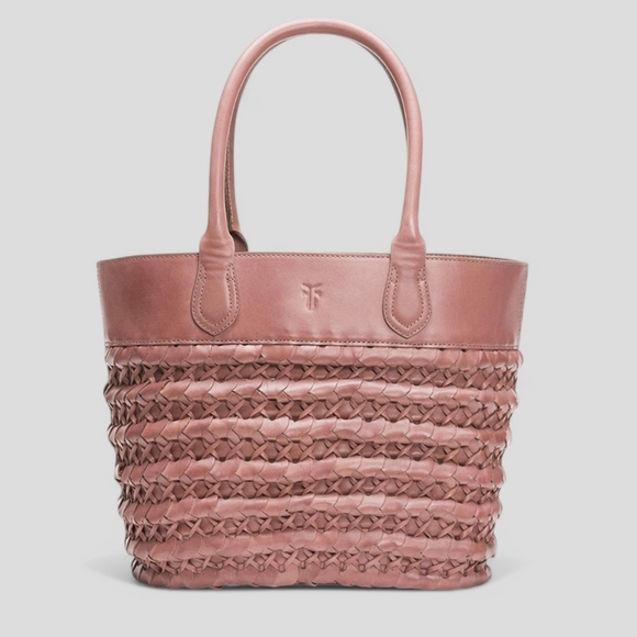 Rare FRYE Leather Woven Tote Shoulder Bag Satchel Taupe Basket Weave Boho - Picture 1 of 16